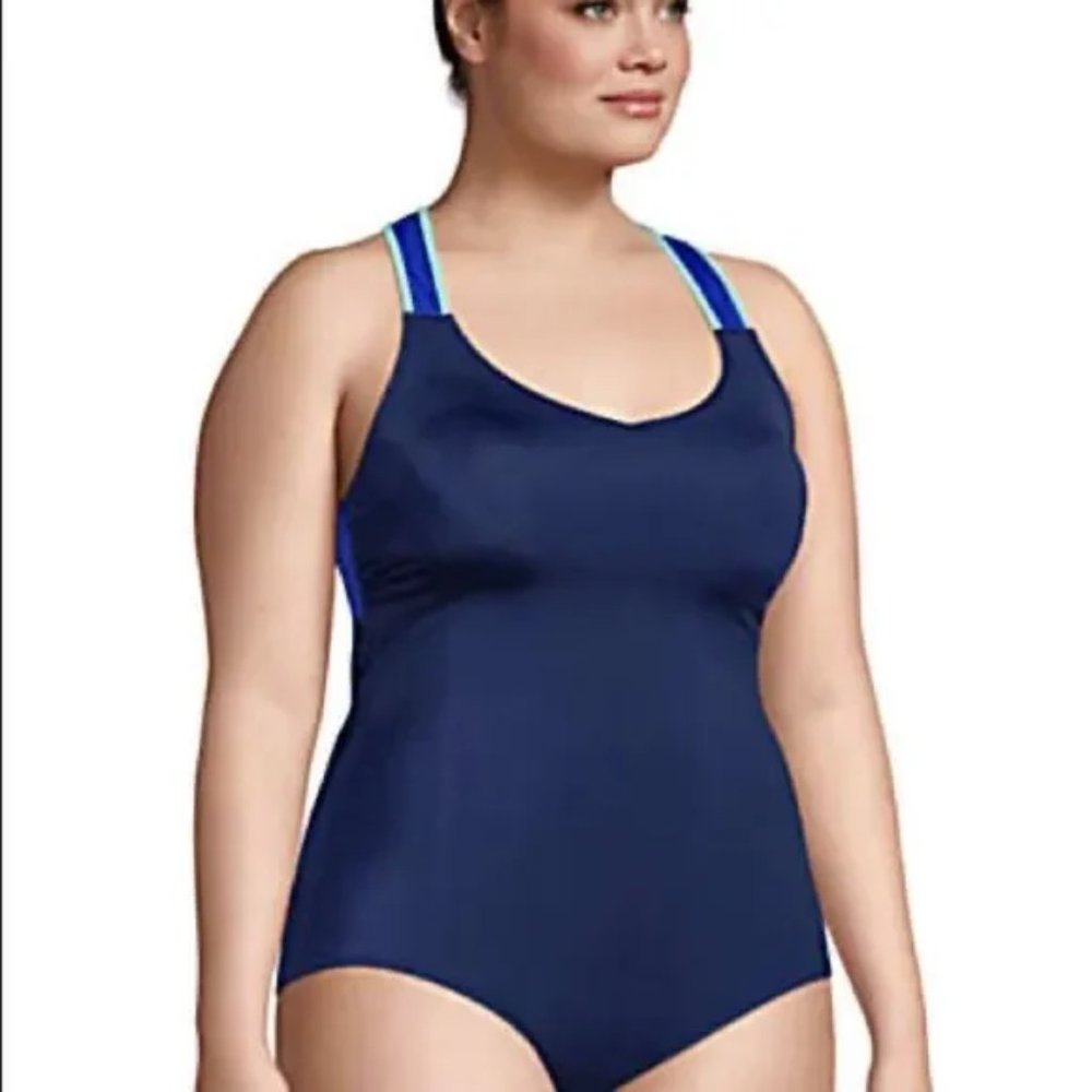 NWT Lands' End Women's Racerback V-Neck One Piece Deep Sea Navy Size 8 $100 Z520
